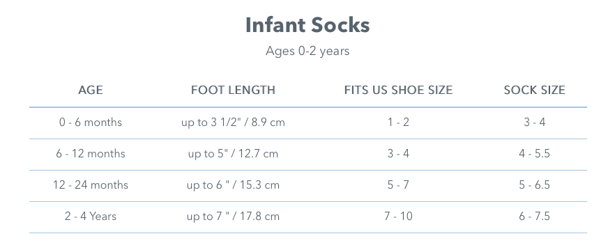 Baby sock hot sale size guide